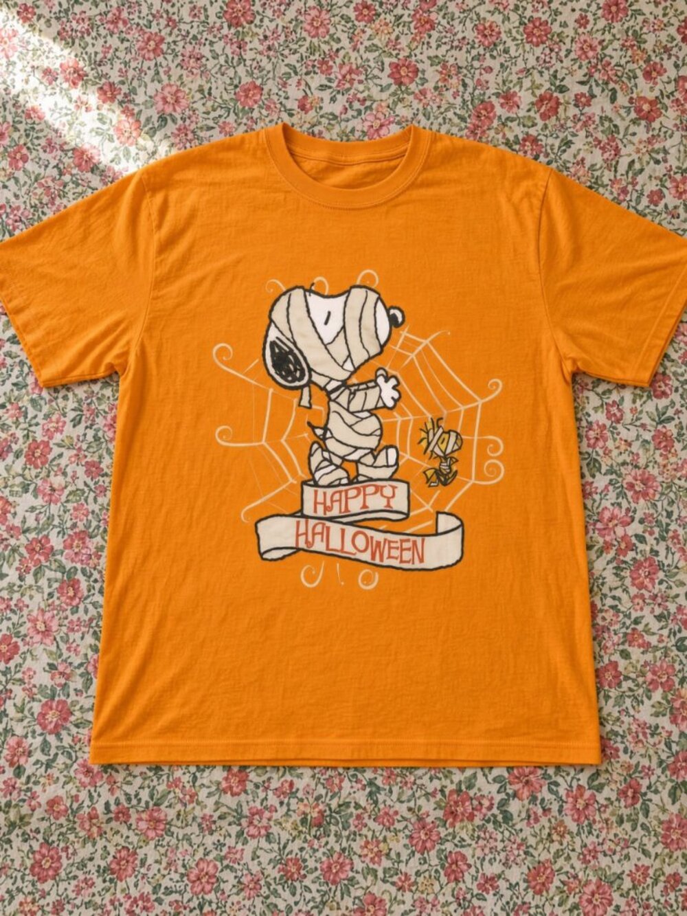 Mummy Puppy Happy Halloween Tee Orange Cute Spider Web Retro Graphic NWT